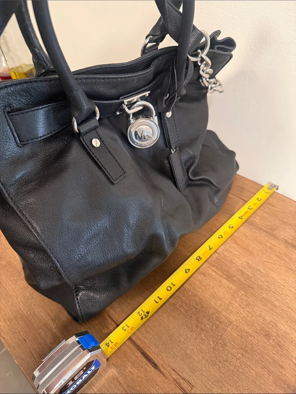 Michael Kors Black Leather Shoulder Tote with Silver Chain Accent